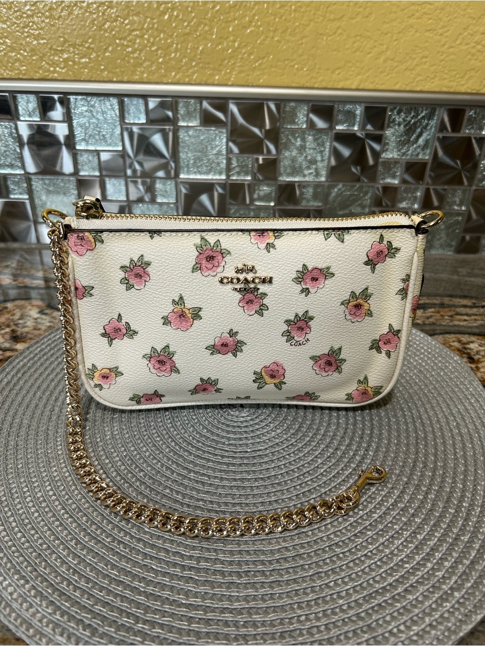 Coach White Floral Chain Clutch and Wristlets with Pink Rose Print